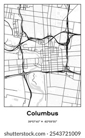 Editable vector poster map of Columbus,Ohio, showcasing detailed street layouts, main roads, neighborhoods, and landmarks in Black, white, gray colors.