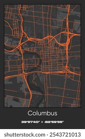 Editable vector poster map of Columbus,Ohio, showcasing detailed street layouts, main roads, neighborhoods, and landmarks in Gray, Black, Orange colors.