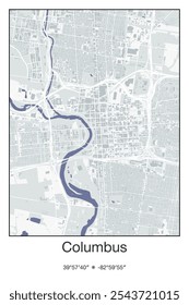 Editable vector poster map of Columbus,Ohio, showcasing detailed street layouts, main roads, neighborhoods, and landmarks in Gray, Blue, Green, White colors.