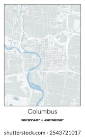 Editable vector poster map of Columbus,Ohio, showcasing detailed street layouts, main roads, neighborhoods, and landmarks in Gray, white, green, blue colors.