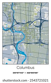 Editable vector poster map of Columbus,Ohio, showcasing detailed street layouts, main roads, neighborhoods, and landmarks in Blue, Gray, Yellow, Olive colors.
