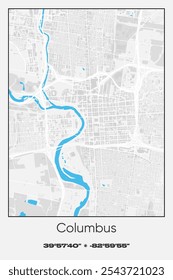 Editable vector poster map of Columbus,Ohio, showcasing detailed street layouts, main roads, neighborhoods, and landmarks in Gray, white, blue colors.