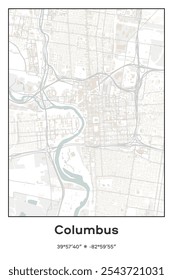 Editable vector poster map of Columbus,Ohio, showcasing detailed street layouts, main roads, neighborhoods, and landmarks in Pastel, Gray, White, Green colors.