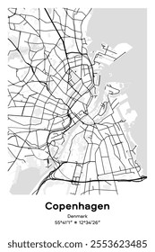 Editable vector poster map of Copenhagen, Denmark, showcasing detailed street layouts, main roads, neighborhoods, and landmarks in Black, white, gray, BW colors.