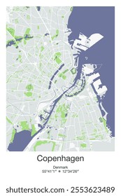 Editable vector poster map of Copenhagen, Denmark, showcasing detailed street layouts, main roads, neighborhoods, and landmarks in Gray, Blue, Green, White colors.