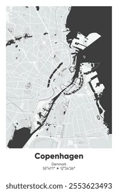 Editable vector poster map of Copenhagen, Denmark, showcasing detailed street layouts, main roads, neighborhoods, and landmarks in Gray, Black, White, BW colors.