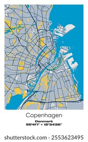 Editable vector poster map of Copenhagen, Denmark, showcasing detailed street layouts, main roads, neighborhoods, and landmarks in Blue, Gray, Yellow, Olive colors.