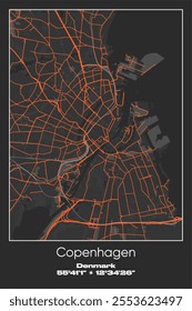 Editable vector poster map of Copenhagen, Denmark, showcasing detailed street layouts, main roads, neighborhoods, and landmarks in Gray, Black, Orange colors.