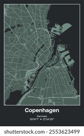 Editable vector poster map of Copenhagen, Denmark, showcasing detailed street layouts, main roads, neighborhoods, and landmarks in Dark gray, Gray, Green, gray-green colors.