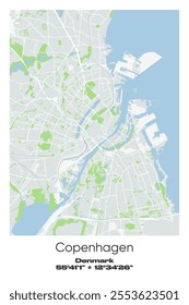 Editable vector poster map of Copenhagen, Denmark, showcasing detailed street layouts, main roads, neighborhoods, and landmarks in Gray, white, green, blue colors.