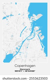 Editable vector poster map of Copenhagen, Denmark, showcasing detailed street layouts, main roads, neighborhoods, and landmarks in Gray, white, blue colors.