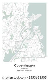 Editable vector poster map of Copenhagen, Denmark, showcasing detailed street layouts, main roads, neighborhoods, and landmarks in Pastel, Gray, White, Green colors.