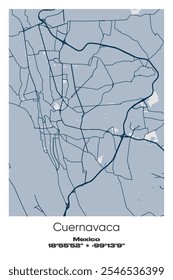 Editable vector poster map of Cuernavaca, Mexico, showcasing detailed street layouts, main roads, neighborhoods, and landmarks in Blue, Gray, Yellow, Olive colors.