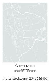 Editable vector poster map of Cuernavaca, Mexico, showcasing detailed street layouts, main roads, neighborhoods, and landmarks in Gray, white, green, blue colors.
