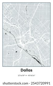 Editable vector poster map of Dallas,Texas, showcasing detailed street layouts, main roads, neighborhoods, and landmarks in Gray, Black, White colors.