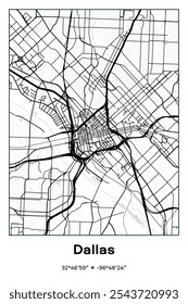 Editable vector poster map of Dallas,Texas, showcasing detailed street layouts, main roads, neighborhoods, and landmarks in Black, white, gray colors.