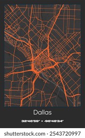 Editable vector poster map of Dallas,Texas, showcasing detailed street layouts, main roads, neighborhoods, and landmarks in Gray, Black, Orange colors.