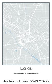 Editable vector poster map of Dallas,Texas, showcasing detailed street layouts, main roads, neighborhoods, and landmarks in Gray, white, green, blue colors.