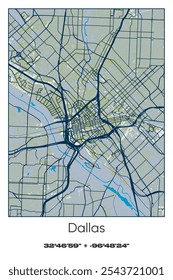 Editable vector poster map of Dallas,Texas, showcasing detailed street layouts, main roads, neighborhoods, and landmarks in Blue, Gray, Yellow, Olive colors.