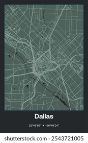 Editable vector poster map of Dallas,Texas, showcasing detailed street layouts, main roads, neighborhoods, and landmarks in Dark gray, Gray, Green, gray-green colors.