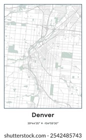 Editable vector poster map of Denver,Colorado, showcasing detailed street layouts, main roads, neighborhoods, and landmarks in Pastel, Gray, White, Green colors.