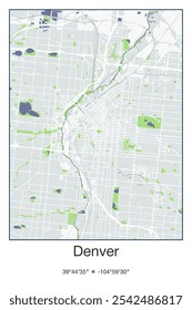 Editable vector poster map of Denver,Colorado, showcasing detailed street layouts, main roads, neighborhoods, and landmarks in Gray, Blue, Green, White colors.