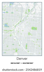 Editable vector poster map of Denver,Colorado, showcasing detailed street layouts, main roads, neighborhoods, and landmarks in Gray, white, green, blue colors.