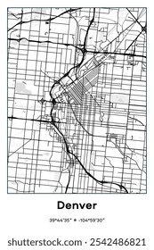 Mapa de pôster vetorial editável de Denver, Colorado, mostrando detalhados layouts de ruas, principais estradas, bairros e pontos de referência em preto, branco, cores cinzentas.