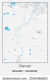 Editable vector poster map of Denver,Colorado, showcasing detailed street layouts, main roads, neighborhoods, and landmarks in Gray, white, blue colors.