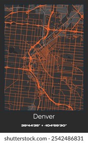 Editable vector poster map of Denver,Colorado, showcasing detailed street layouts, main roads, neighborhoods, and landmarks in Gray, Black, Orange colors.