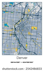 Editable vector poster map of Denver,Colorado, showcasing detailed street layouts, main roads, neighborhoods, and landmarks in Blue, Gray, Yellow, Olive colors.