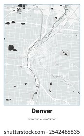 Editable vector poster map of Denver,Colorado, showcasing detailed street layouts, main roads, neighborhoods, and landmarks in Gray, Black, White colors.