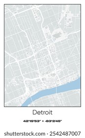 Editable vector poster map of Detroit Center,Michigan, showcasing detailed street layouts, main roads, neighborhoods, and landmarks in Gray, white, green, blue colors.