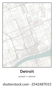 Editable vector poster map of Detroit Center,Michigan, showcasing detailed street layouts, main roads, neighborhoods, and landmarks in Pastel, Gray, White, Green colors.