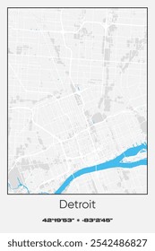 Editable vector poster map of Detroit,Michigan, showcasing detailed street layouts, main roads, neighborhoods, and landmarks in Gray, white, blue colors.