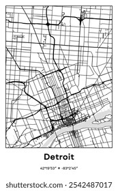 Editable vector poster map of Detroit,Michigan, showcasing detailed street layouts, main roads, neighborhoods, and landmarks in Black, white, gray colors.