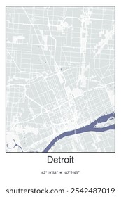 Editable vector poster map of Detroit,Michigan, showcasing detailed street layouts, main roads, neighborhoods, and landmarks in Gray, Blue, Green, White colors.