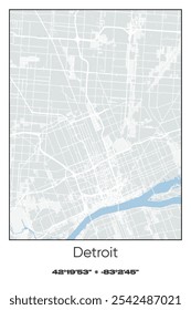 Editable vector poster map of Detroit,Michigan, showcasing detailed street layouts, main roads, neighborhoods, and landmarks in Gray, white, green, blue colors.