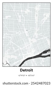 Editable vector poster map of Detroit,Michigan, showcasing detailed street layouts, main roads, neighborhoods, and landmarks in Gray, Black, White colors.