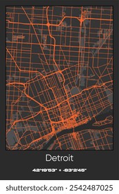 Editable vector poster map of Detroit,Michigan, showcasing detailed street layouts, main roads, neighborhoods, and landmarks in Gray, Black, Orange colors.