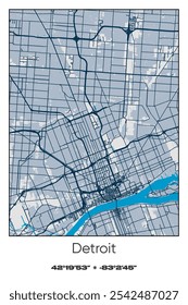 Editable vector poster map of Detroit,Michigan, showcasing detailed street layouts, main roads, neighborhoods, and landmarks in Blue, Gray, Yellow, Olive colors.