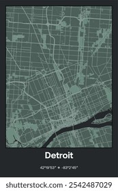 Editable vector poster map of Detroit,Michigan, showcasing detailed street layouts, main roads, neighborhoods, and landmarks in Dark gray, Gray, Green, gray-green colors.