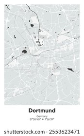 Editable vector poster map of Dortmund, Germany, showcasing detailed street layouts, main roads, neighborhoods, and landmarks in Gray, Black, White, BW colors.