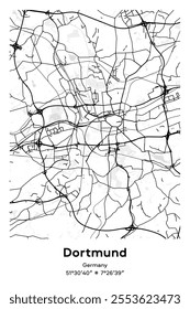 Editable vector poster map of Dortmund, Germany, showcasing detailed street layouts, main roads, neighborhoods, and landmarks in Black, white, gray, BW colors.