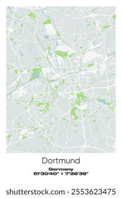 Editable vector poster map of Dortmund, Germany, showcasing detailed street layouts, main roads, neighborhoods, and landmarks in Gray, white, green, blue colors.