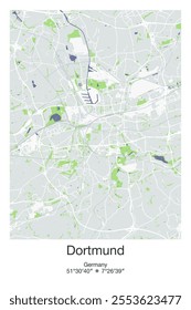 Editable vector poster map of Dortmund, Germany, showcasing detailed street layouts, main roads, neighborhoods, and landmarks in Gray, Blue, Green, White colors.