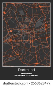 Editable vector poster map of Dortmund, Germany, showcasing detailed street layouts, main roads, neighborhoods, and landmarks in Gray, Black, Orange colors.