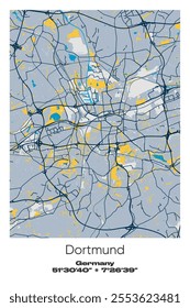 Editable vector poster map of Dortmund, Germany, showcasing detailed street layouts, main roads, neighborhoods, and landmarks in Blue, Gray, Yellow, Olive colors.