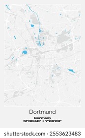 Editable vector poster map of Dortmund, Germany, showcasing detailed street layouts, main roads, neighborhoods, and landmarks in Gray, white, blue colors.