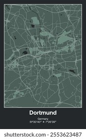 Editable vector poster map of Dortmund, Germany, showcasing detailed street layouts, main roads, neighborhoods, and landmarks in Dark gray, Gray, Green, gray-green colors.